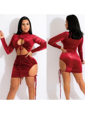 Kadın Uzun Kollu Full Dekolte Detay Kadife Kumaş Elbise