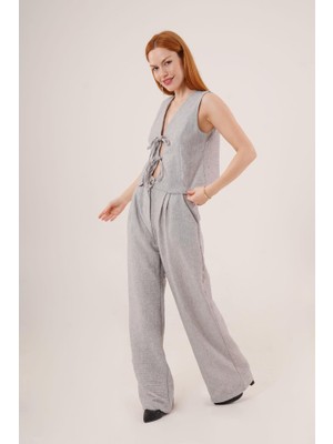 Ön Bağlama Detaylı Yelek ve Pantolon Gri Ikili Takım