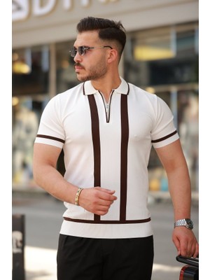 Erkek Fermuar Yakalı Şerit Detaylı Kısa Kollu Tişört
