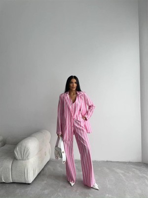 Çizgili Ceket Keten - Pembe