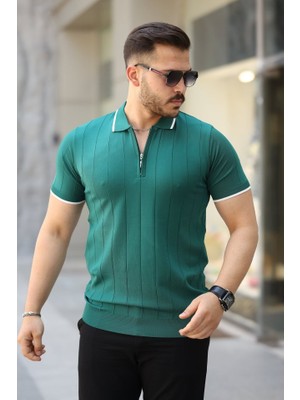 Erkek Fermuar Yakalı Çizgi Dokulu Kısa Kollu Tişört