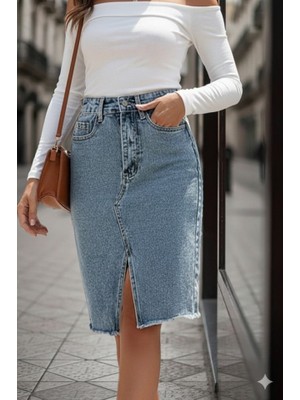 Kadın Elastik Bel Yırtık Kenar Detaylı Kot Etek