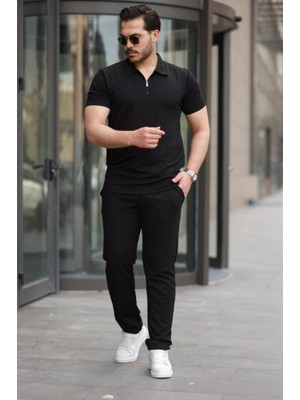 Erkek Kısa Kollu Önden Fermuarlı Janjan Krep Tişört ve Pantolon Ikili Takım