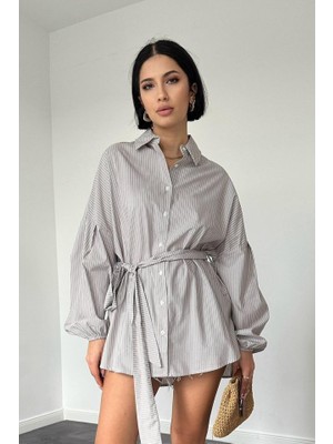 Kahverengi Çizgili Poplin Kuşaklı Gömlek