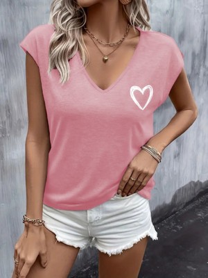 Kadın Kısa Kollu V Yakalı Kalp Baskılı Viskon Bluz