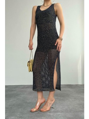 Simli Ajurlu Uzun Elbise - Lacivert-Sarı