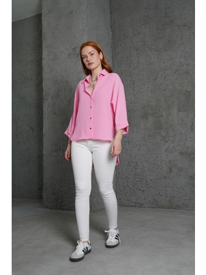 Kol Katlama Detaylı Pembe Gömlek