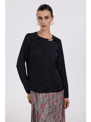 Ekol Minimalist Uzun Kol Saten Bluz - Zincir Detaylı