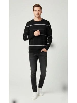 Erkek Bisiklet Yaka Cizgili Triko Kazak Yumuşak Dokulu Pamuklu Ince Dokuma, Uzun Kollu Rahat Regular Kalıp - Siyah