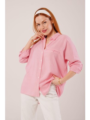 Cep Detay Çizgili Oversize Pembe Gömlek