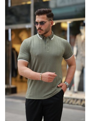 Erkek Düğme Yakalı Jakar Kumaş Kısa Kollu Tişört