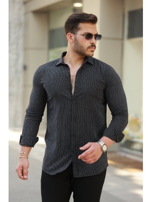 Erkek Çizgi Desenli Uzun Kollu Pamuklu Keten Gömlek