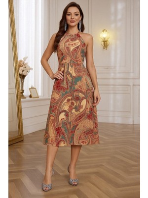 Kadın Kolsuz Boyundan Bağlamalı Beli Lastikli Etnik Desen Baskı Süprem Uzun Elbise