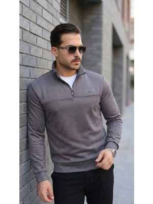 Erkek Süet Yarım Fermuar Dik Yaka Sweat
