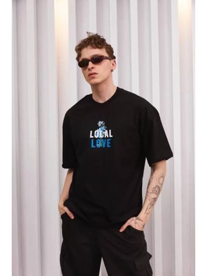 Unisex Bisiklet Yaka Baskılı Oversize T-Shirt - Siyah