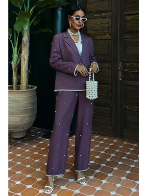 Inci Detaylı Ceket Pantolon Keten Takım 10124