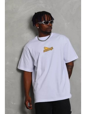 Unisex Bisiklet Yaka Baskılı Oversize T-Shirt - Beyaz