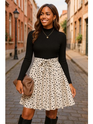 Kadın Uzun Kollu Balıkçı Yaka Belden Bağlamalı Üst Kaşkorse Eteği Dalgıç Kısa Elbise