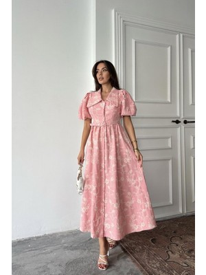 Pembe Bebe Yaka Balon Kollu Elbise