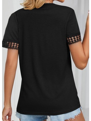 Miralis Torqvitrin Kadın Kısa Kollu V Yaka Dantel Yakalı Viskon Bluz