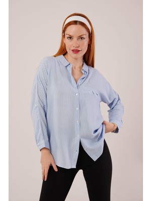 Cep Detay Çizgili Oversize Mavi Gömlek