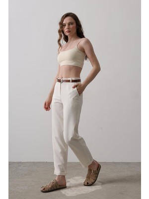 Kemerli Havuç Pantolon - Ekru