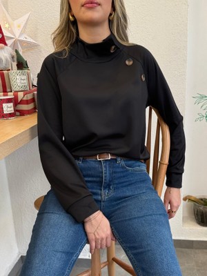 Kadın Uzun Kollu Balıkçı Yaka Düğme Detay Şardonlu Dalgıç Bluz