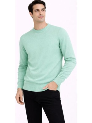 Erkek Bisiklet Yaka Triko Kazak Yumuşak Dokulu Pamuklu Ince Dokuma, Uzun Kollu Rahat Regular Kalıp - Mint Yeşili