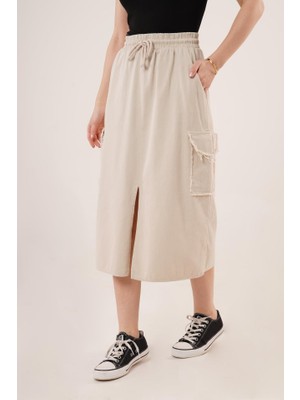 Ön Yırtmaçlı Cep Detaylı Krem Etek