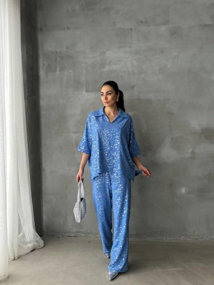 Varaklı Bluz Pantolon Takım - Mavi