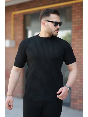 Erkek Bisiklet Yaka Örgü Desenli Kısa Örme Triko Kısa Kollu T-Shirt