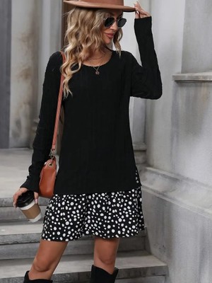 Kadın Uzun Kollu Bisiklet Yaka Şardonlu Kaşkorse Bluz ve Süprem Etek Elbise