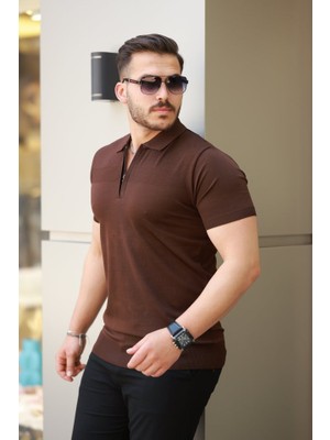 Erkek Göğüs Pirinç Desenli Fermuar Yakalı Kısa Kollu Tişört