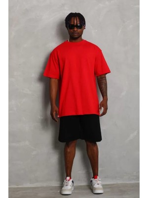 Unisex Oversize Düz Bisiklet Yaka T-Shirt - Kırmızı