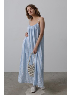 Askılı Çizgi Desen Elbise - Bebe Mavisi