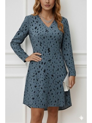 Kadın Uzun Kollu V Yakalı Desenli Kısa Keten Elbise