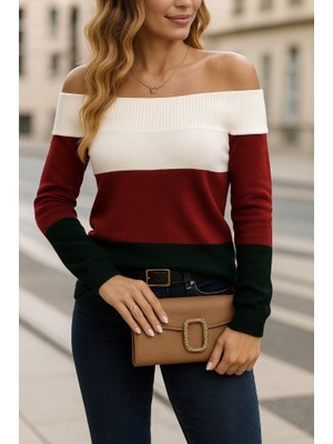 Kadın Uzun Kollu Omuzlardan Açık Uzun Kollu Blok Çizgili Triko Bluz