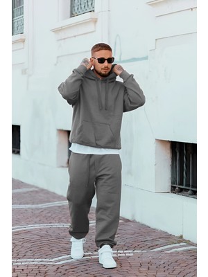 Yakamel Erkek Oversıze 3iplik Kapüşonlu Kanguru Cep Eşofman Takımı