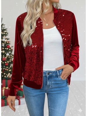 Kadın Uzun Kollu Önü Açık Fermuarlı Pulpayetli Kadife Ceket