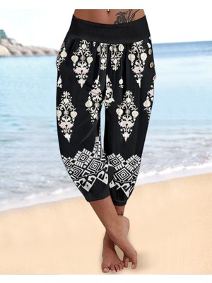 Kadın Beli Lastikli Etnik Desenli Kapri Süprem Pantolon