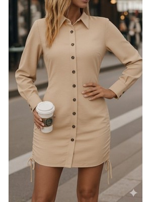 Kadın Uzun Kollu Gömlek Yaka Önden Düğmeli Yanlardan Büzgülü Kısa Aerobin Elbise