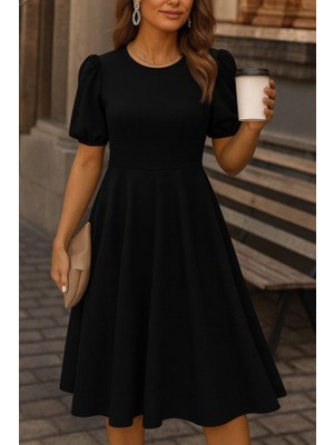 Kadın Kısa Balon Kollu Bisiklet Yaka Geniş Kesim Janjan Krep Elbise