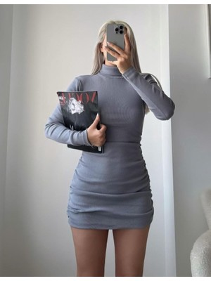 Kadın Uzun Kollu Balıkçı Yaka Büzgü Detay Kaşkorse Kumaş Mini Elbise