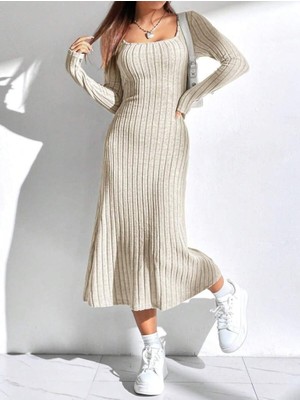 Kadın Uzun Kollu Kare Yaka Midi Kaşkorse Elbise