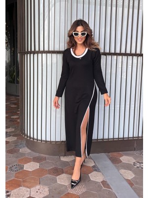Kadın Uzun Kollu Yuvarlak Ribana Yaka Yırtmaçlı Uzun Viskon Iki Iplik Elbise
