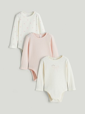 LC Waikiki Ekru Bisiklet Yaka Kız Bebek Çıtçıtlı Bodysuit 3'lü