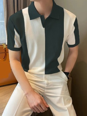 Erkek Kısa Kollu Polo Yakalı Blok Desenli Triko Tişört