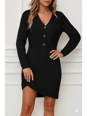 Kadın Uzun Kollu V Yakalı Önden Düğmeli Kısa Triko Elbise