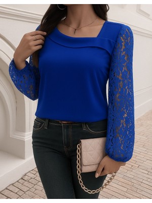 Kadın Uzun Kollu Asimetrik Yakalı Dantelli Ithal Krep Bluz