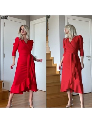 Krep Kumaş Midi Boy Kuşaklı Uzunkol Elbise